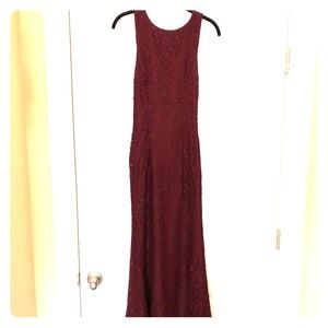 Wine colored lace formal dress with scoop back